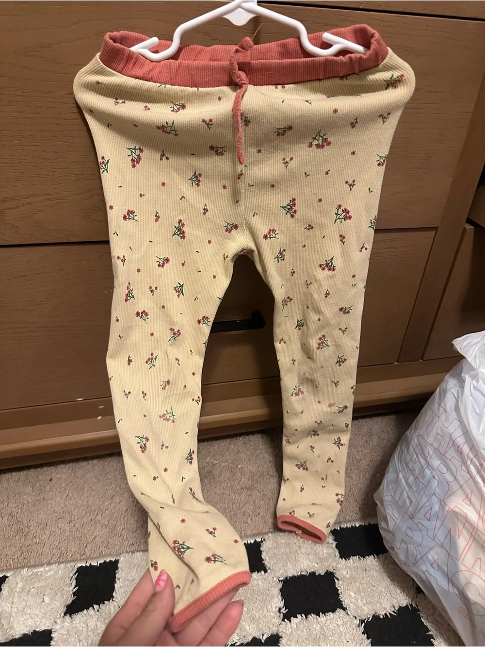 Zara Cream Floral Ribbed Lounge Pants with Coral Trim